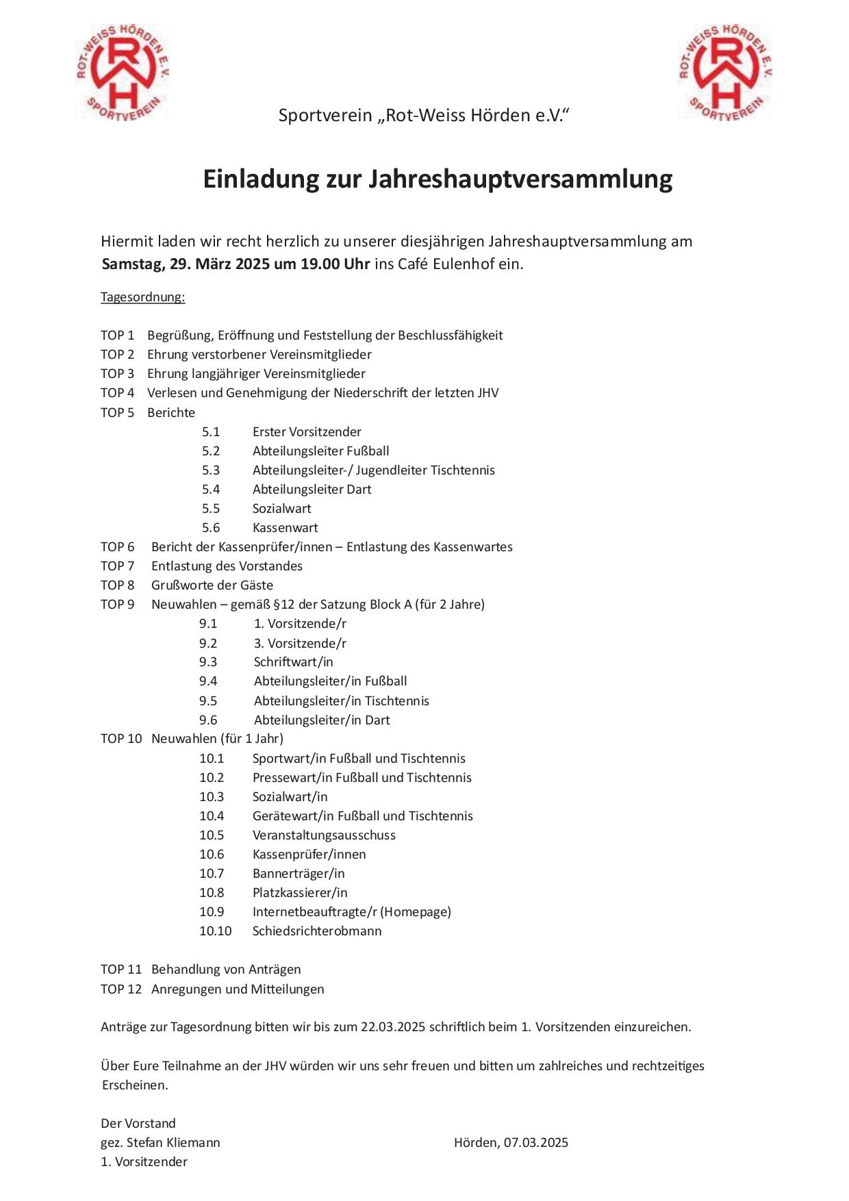 Einladung Jahreshauptversammlung 2025